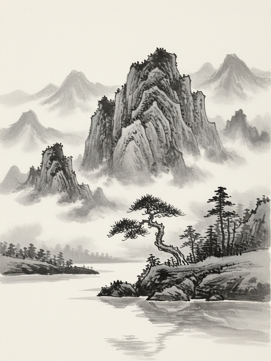 Japanese Ink Wash Mountain Art Print