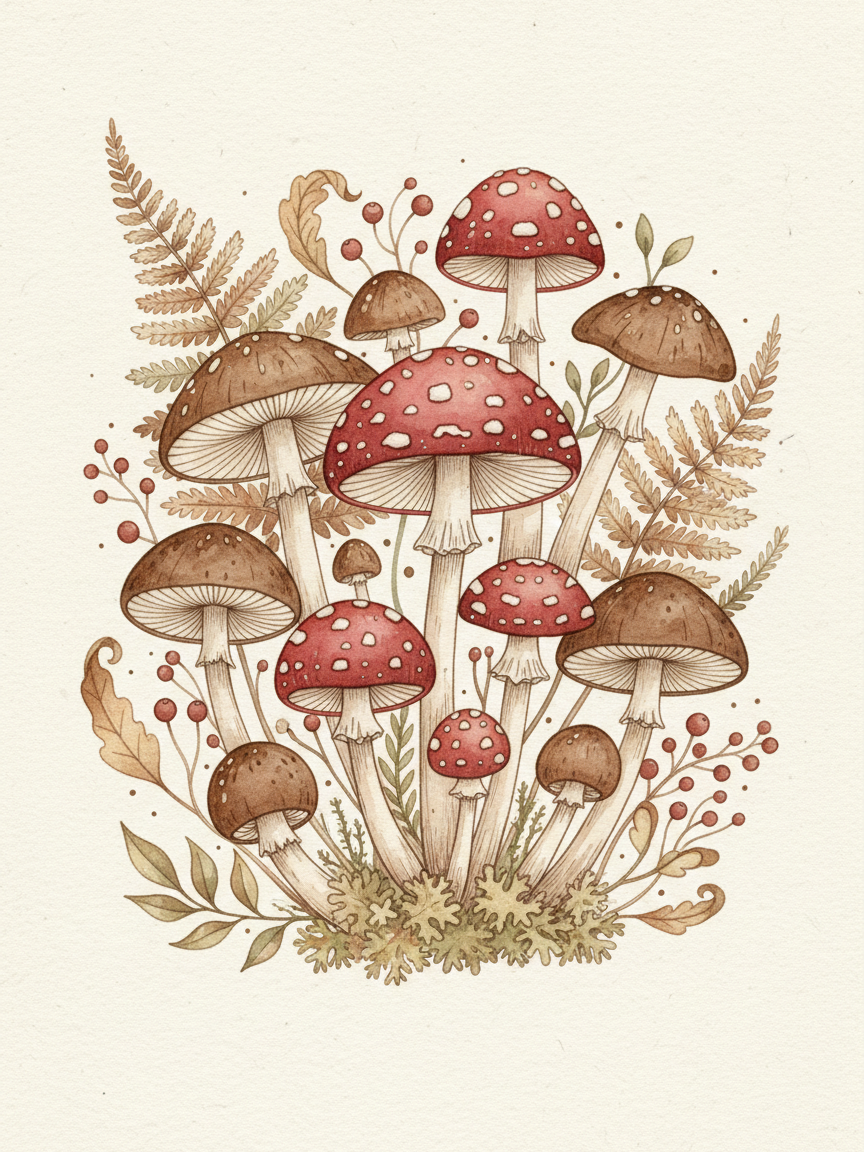 Whimsical Cottagecore Mushroom Art Print