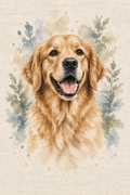 Golden retriever in a botanical watercolor portrait with sage eucalyptus, dusty blue washes and a warm linen-style background