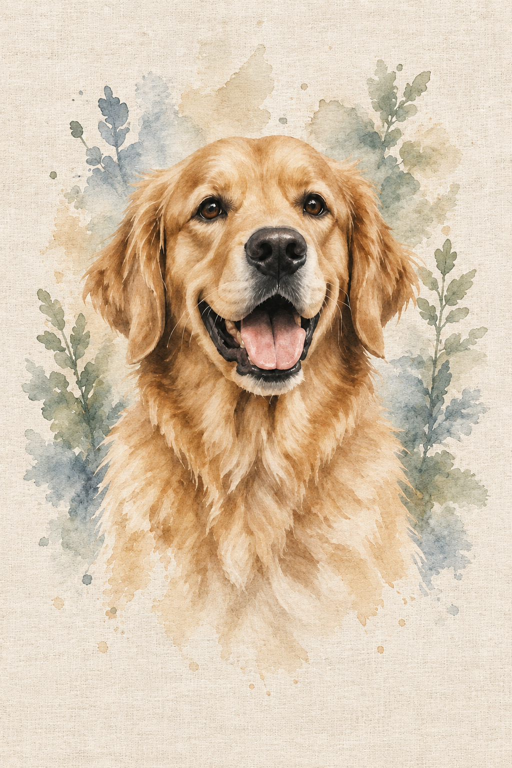 Golden retriever in a botanical watercolor portrait with sage eucalyptus, dusty blue washes and a warm linen-style background