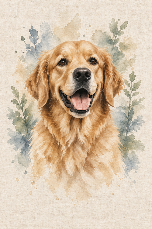 Golden retriever in a botanical watercolor portrait with sage eucalyptus, dusty blue washes and a warm linen-style background