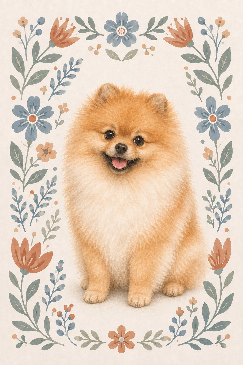 Custom folk floral watercolor pet portrait with muted blue, terracotta and sage flowers