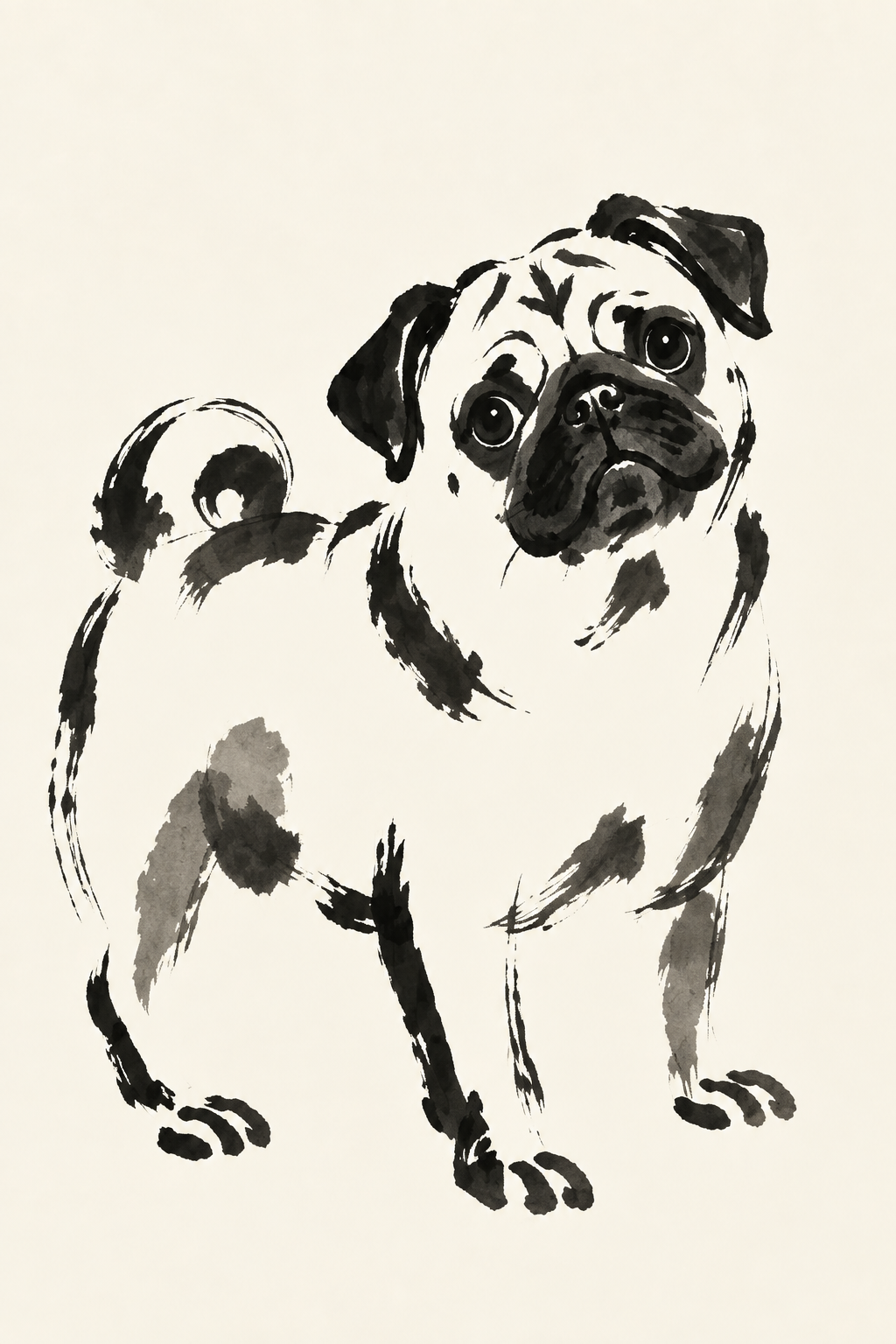 Pug portrait in expressive black ink and soft gray washes on a warm ivory background