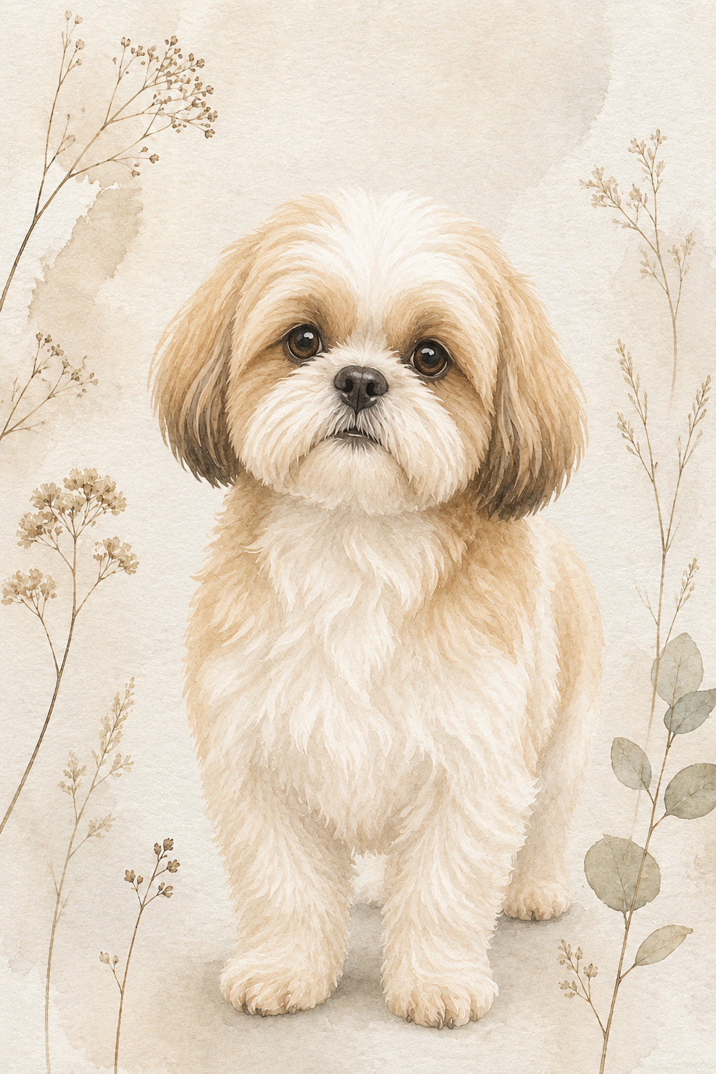 Custom neutral botanical watercolor pet portrait in warm ivory, sand and soft taupe