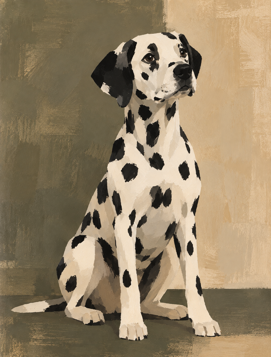 Seated Dalmatian in textured oil-paint-style brushwork against a muted olive green and warm ochre geometric background