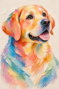 Golden retriever in pastel impasto-style brushwork with peach, coral, yellow, lavender and blue on a warm ivory background