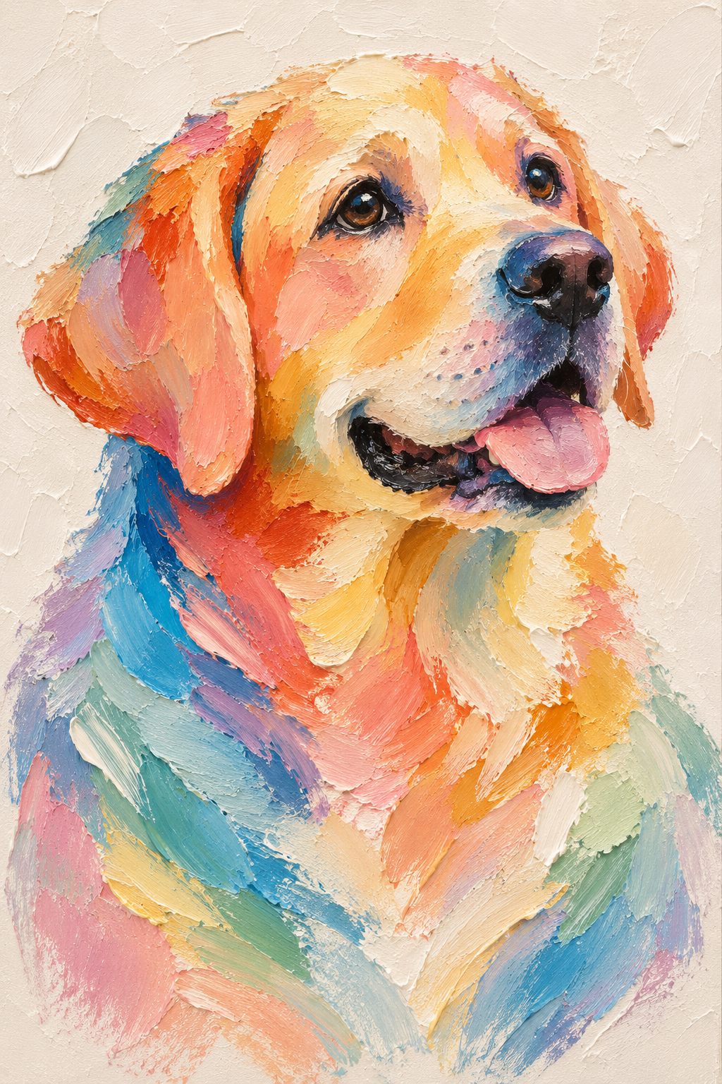Golden retriever in pastel impasto-style brushwork with peach, coral, yellow, lavender and blue on a warm ivory background