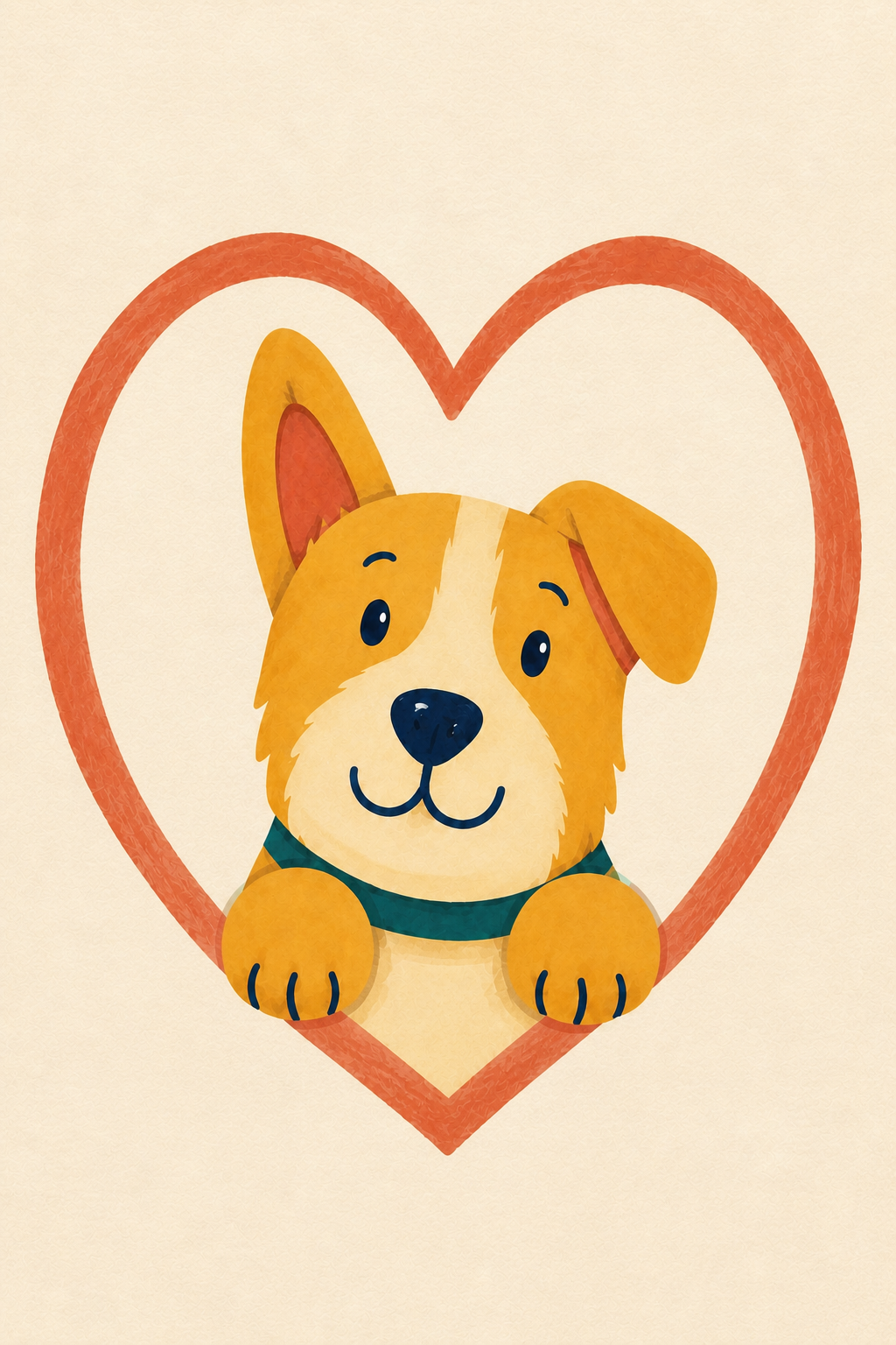 Custom cartoon pet portrait of a cheerful dog peeking through a coral heart on textured cream paper