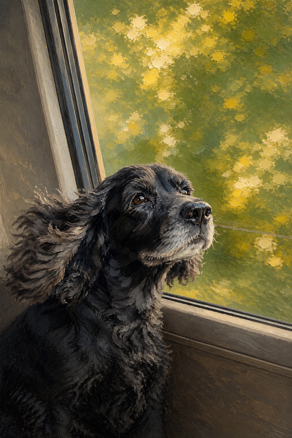 Custom textured oil-style portrait of a black cocker spaniel looking out a window toward warm green and golden garden light