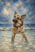 Custom Coastal Splash pet portrait of a German Shepherd joyfully running through shallow ocean water in textured oil-style brushwork