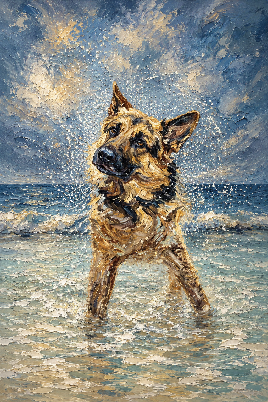 Custom Coastal Splash pet portrait of a German Shepherd joyfully running through shallow ocean water in textured oil-style brushwork