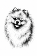 Custom black-and-white fine ink pet portrait featuring a fluffy Pomeranian in crisp hand-drawn linework on white paper
