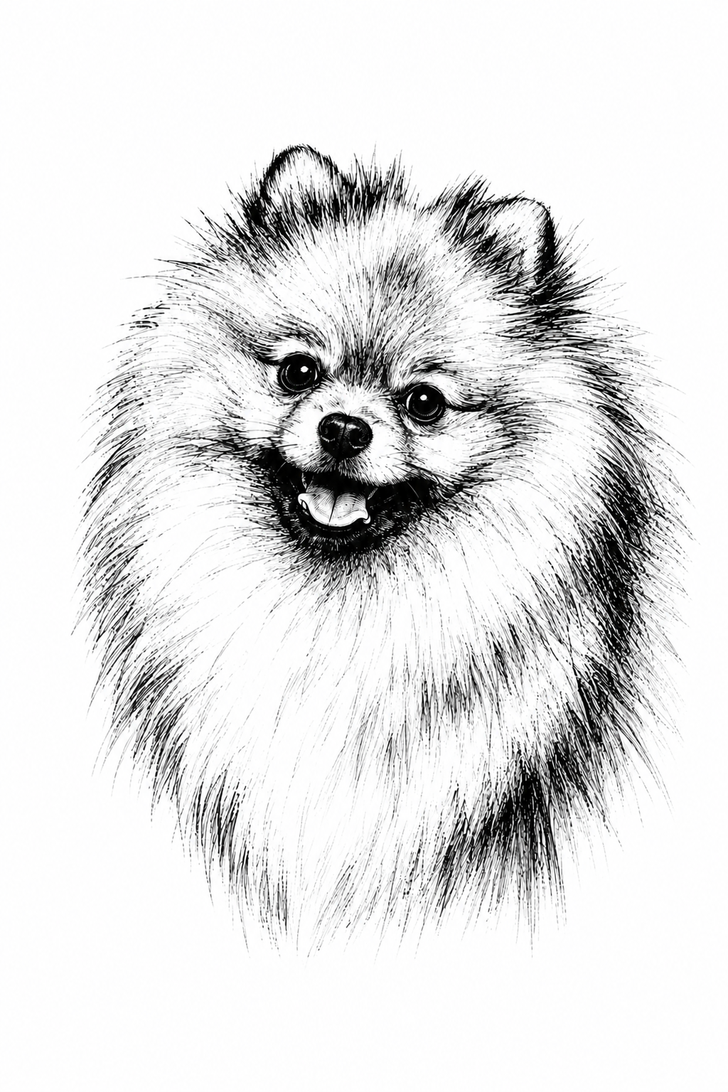Custom black-and-white fine ink pet portrait featuring a fluffy Pomeranian in crisp hand-drawn linework on white paper