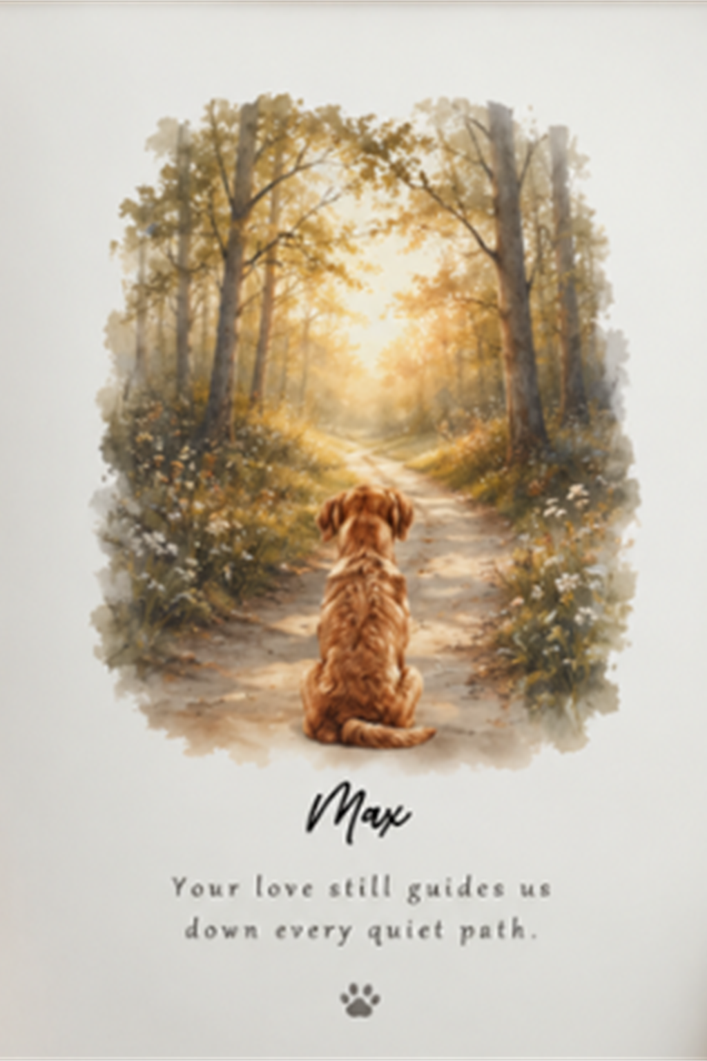 Custom Quiet Path pet memorial showing a dog seated on a golden woodland trail with the name Max, remembrance quote and paw mark