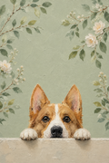 Custom textured botanical pet portrait of a corgi peeking over a ledge against a sage green floral background