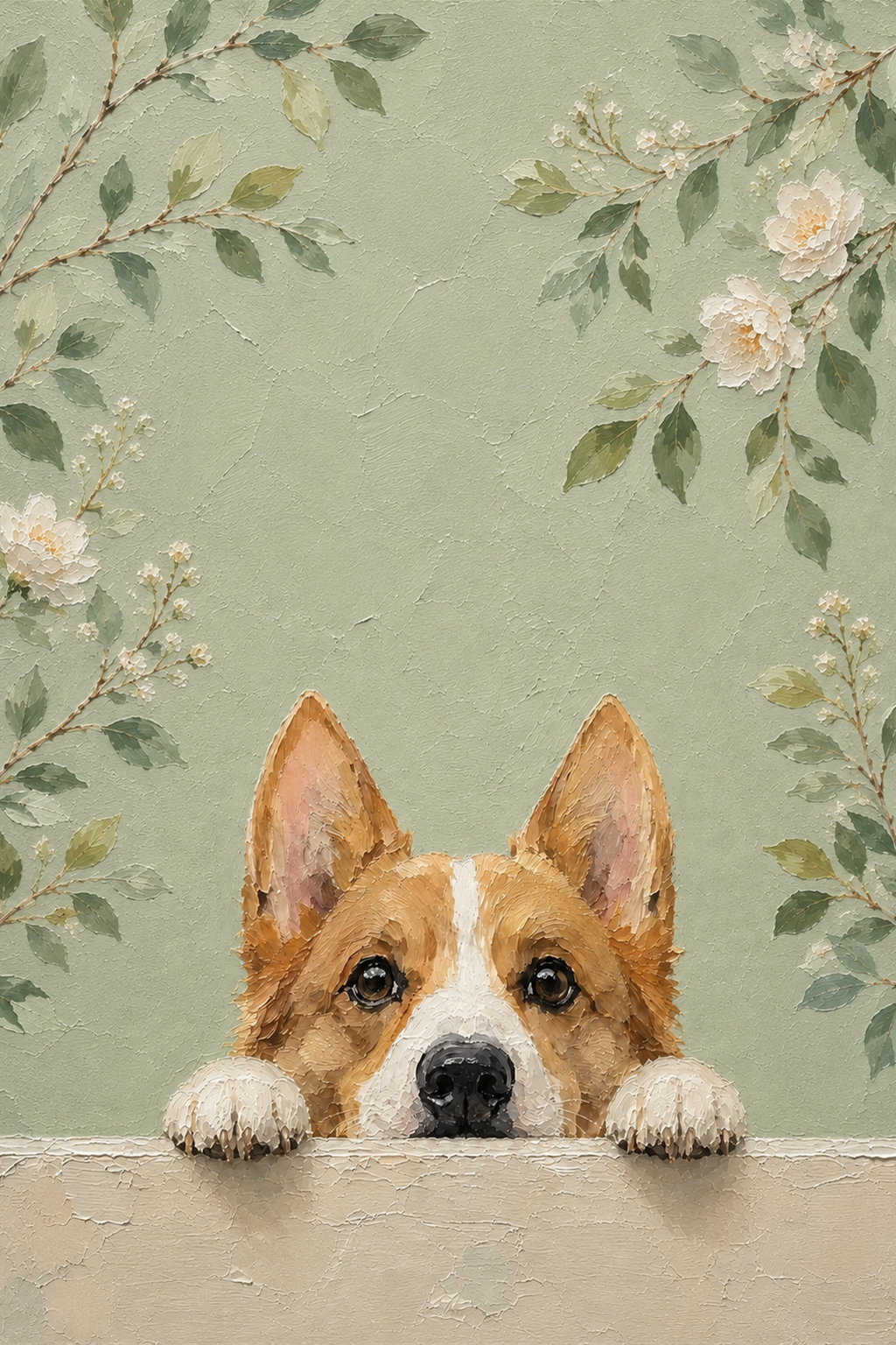 Custom textured botanical pet portrait of a corgi peeking over a ledge against a sage green floral background