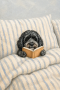 Custom Cozy Bookworm pet portrait of a black dog reading on a blue-and-cream striped sofa