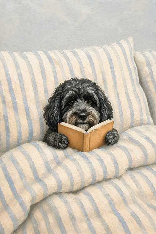 Custom Cozy Bookworm pet portrait of a black dog reading on a blue-and-cream striped sofa