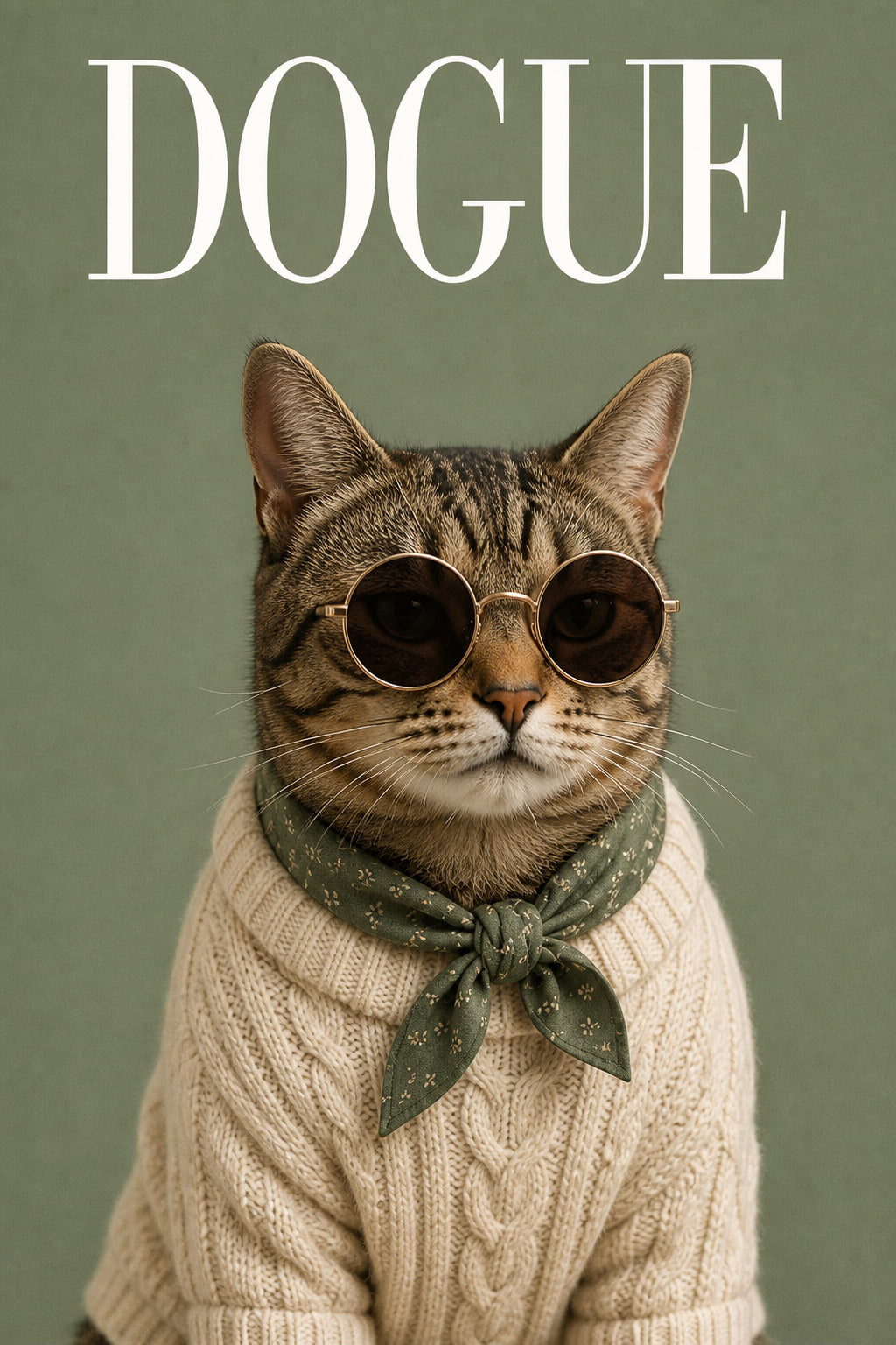 Cat transformed into a Fashion Cover portrait and shown as a black frame wall display