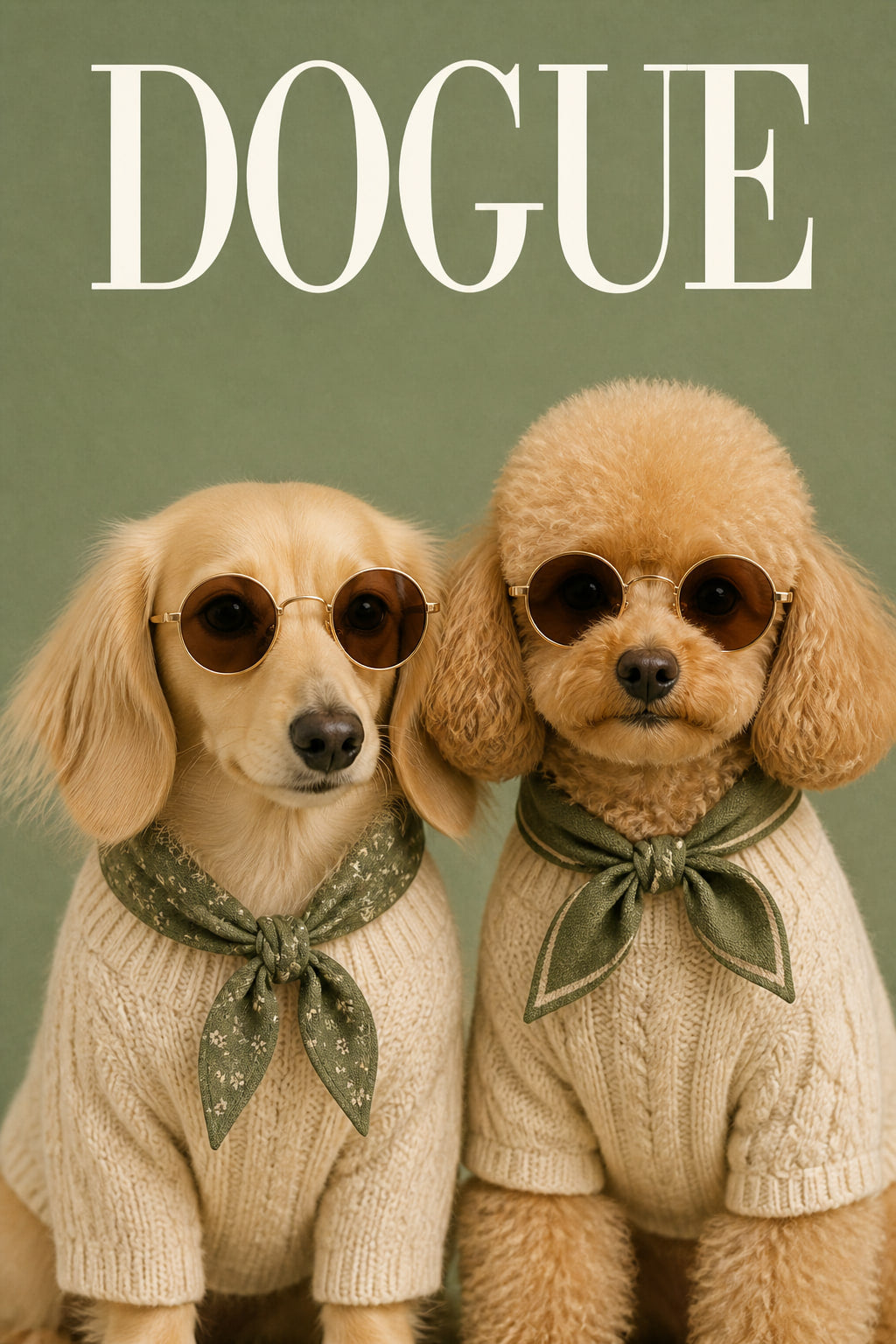 Two pets transformed into a Fashion Cover portrait and shown as a natural wood frame wall display