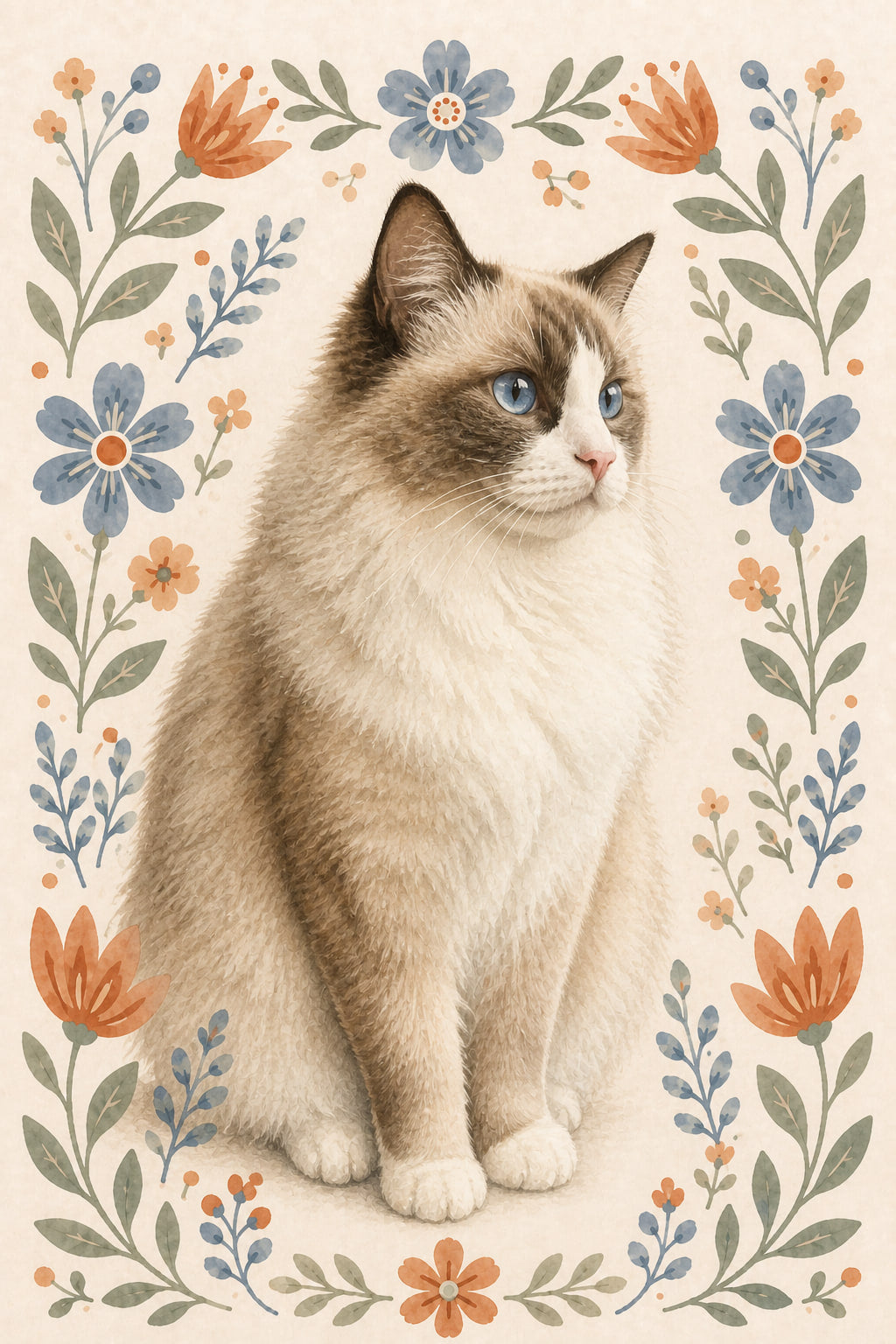 Cat transformed into a Folk Floral Watercolor portrait and shown as a black frame wall display