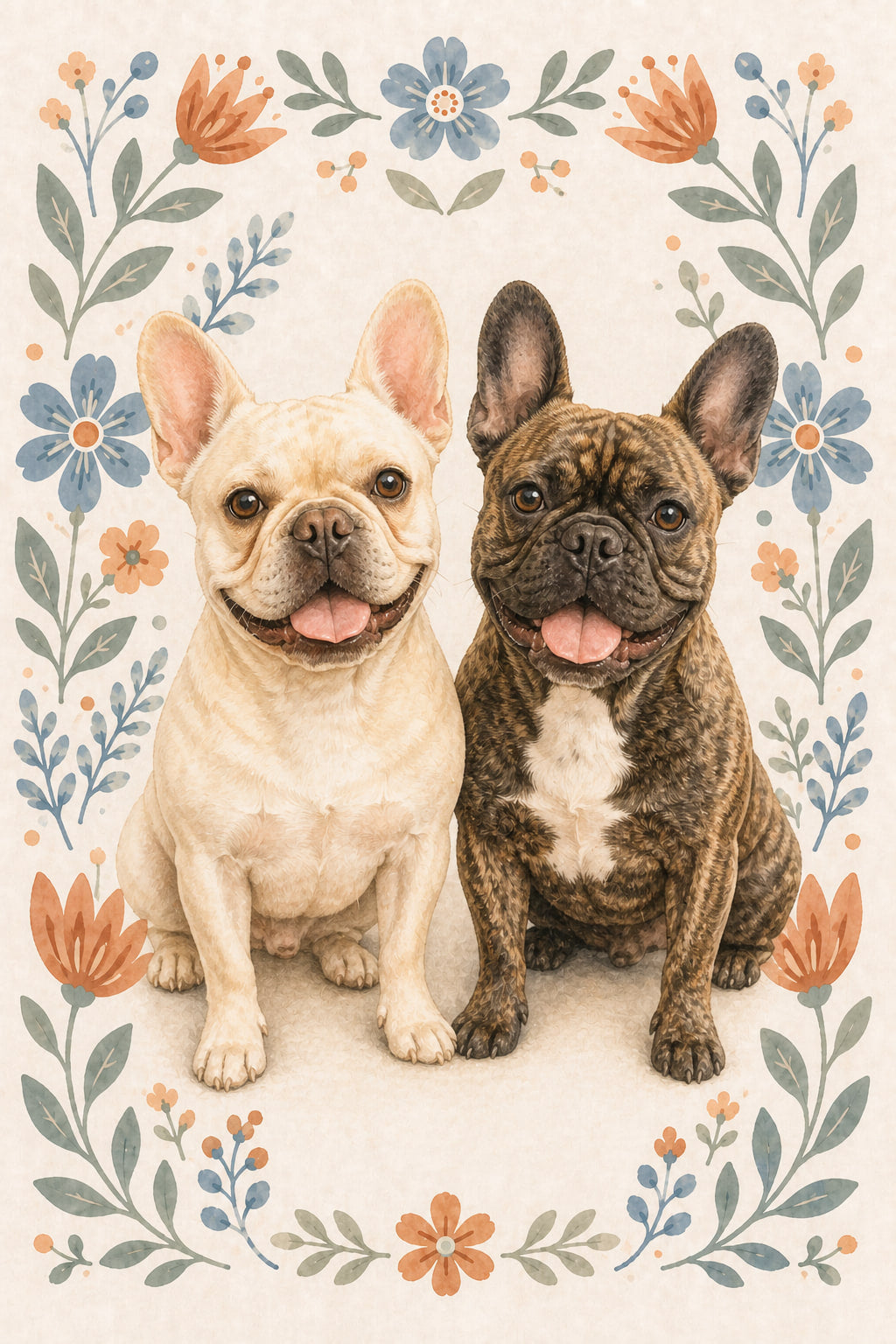Two pets transformed into a Folk Floral Watercolor portrait and shown as a natural wood frame wall display