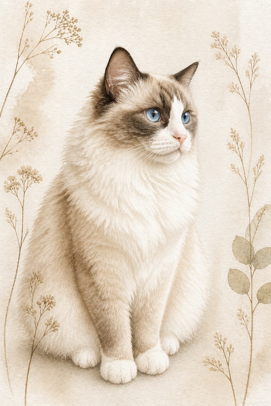Cat transformed into a Neutral Botanical Watercolor portrait and shown as a black frame wall display