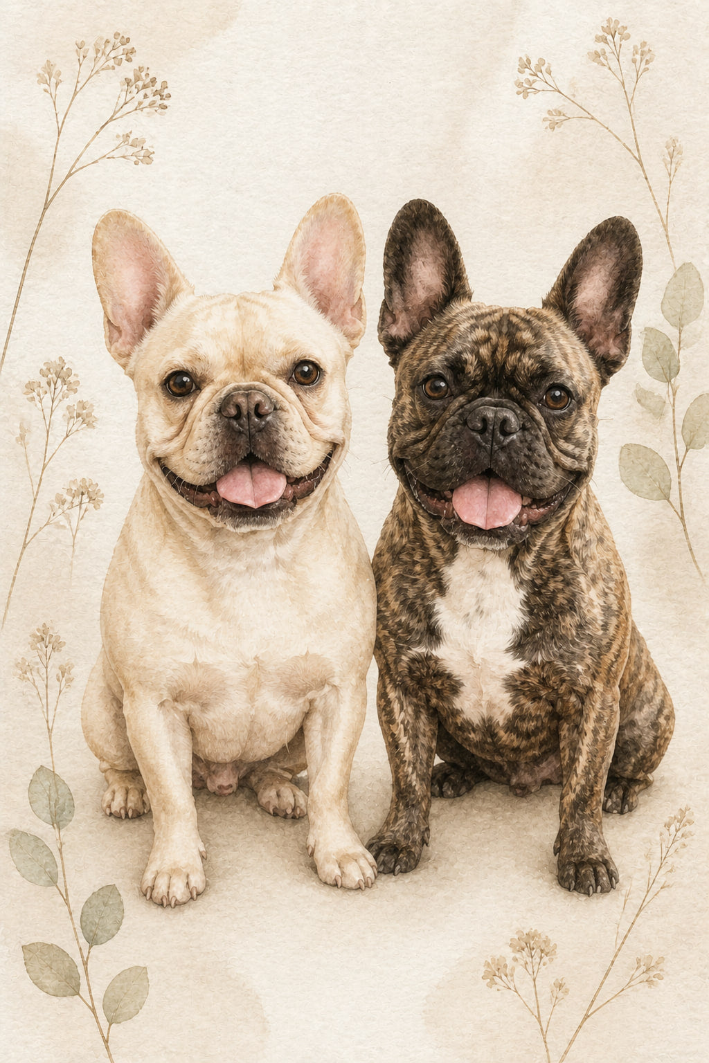Two pets transformed into a Neutral Botanical Watercolor portrait and shown as a natural wood frame wall display